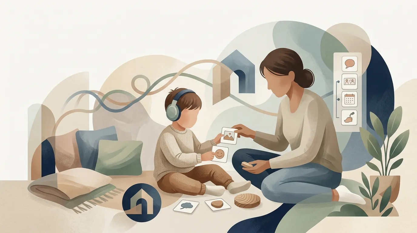 Soft editorial condition visual for autism-related therapy planning information.