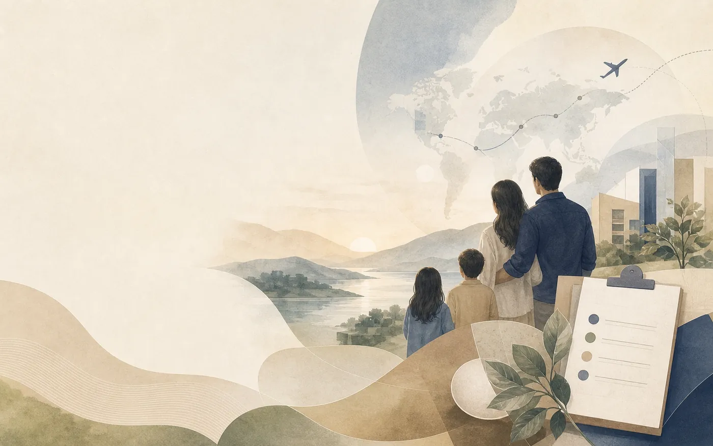 Soft editorial illustration representing coordinated therapy travel planning for international families in Delhi NCR.