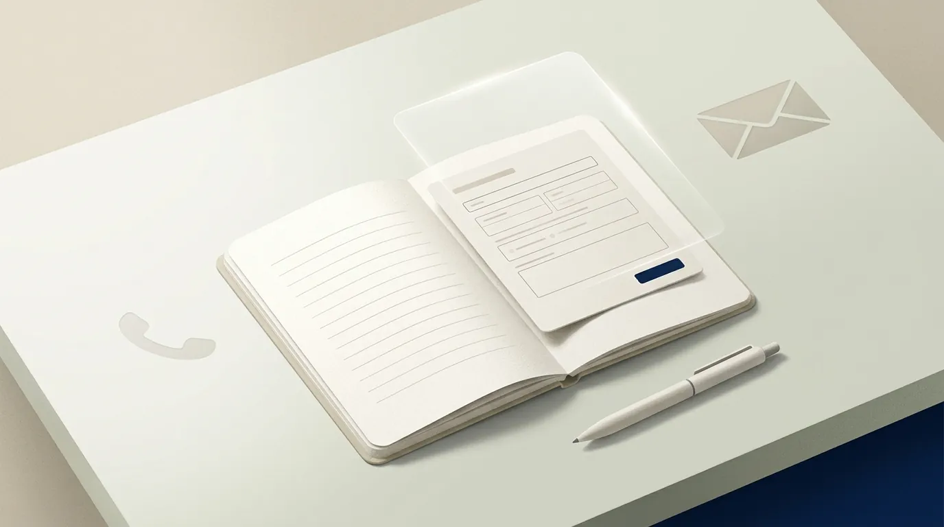 Soft editorial still-life illustrating a calm, privacy-conscious first enquiry and consultation request.