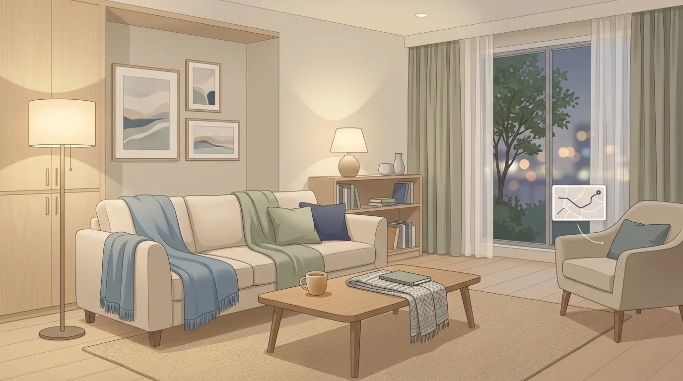 Soft editorial interior showing a calm family base for rest, routine, and therapy-travel recovery.